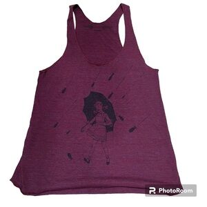 Maroon razor back tank top with black graphic "Girl with Umbrella" rain drops M